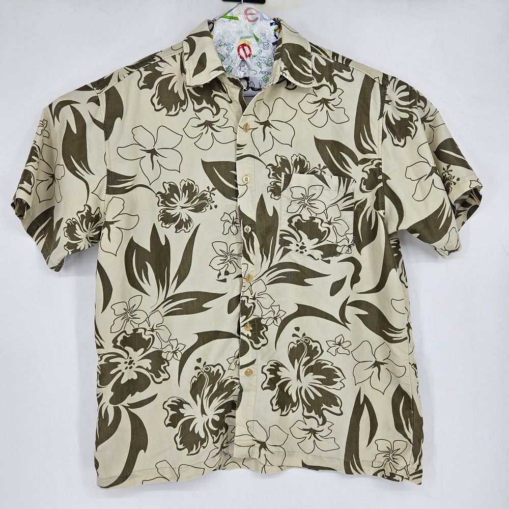 Vintage Gotcha Shirt Mens Large Hawaiian Floral Hibiscus Tan Button Up